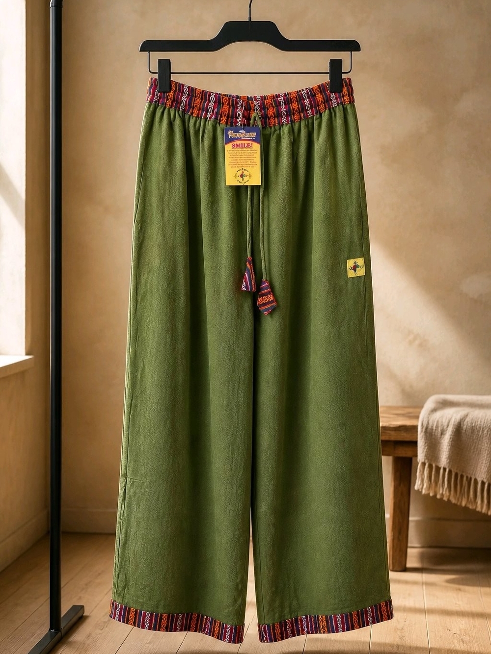 Kathmandu100% Cotton Green Wide-Leg  Made In Nepal Pants Wit Patterned Waistband